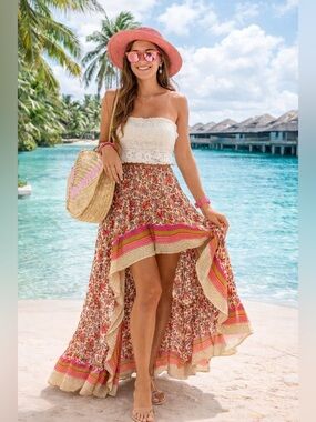 NWT Boho Floral High Low Maxi Skirt Vacation Resort Wear Summer Wedding Guest